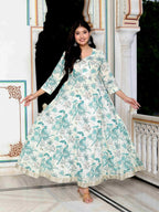 Miravan Women's Light Green Cotton Gotapatti And Lace Border Birds And Leaf Anarkali Kurta | Grocsy