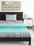 Divine Casa Blue & Grey Ethnic Motifs 120 TC Bedsheet with Pillow Covers | Grocsy