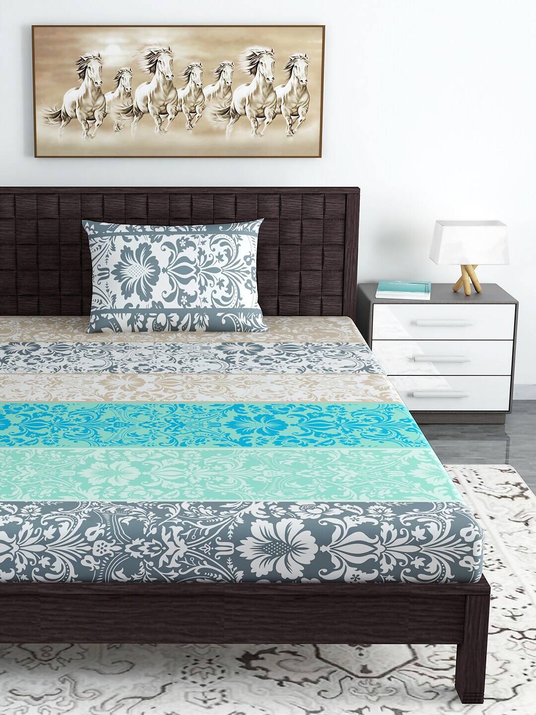 Divine Casa Blue & Grey Ethnic Motifs 120 TC Bedsheet with Pillow Covers | Grocsy