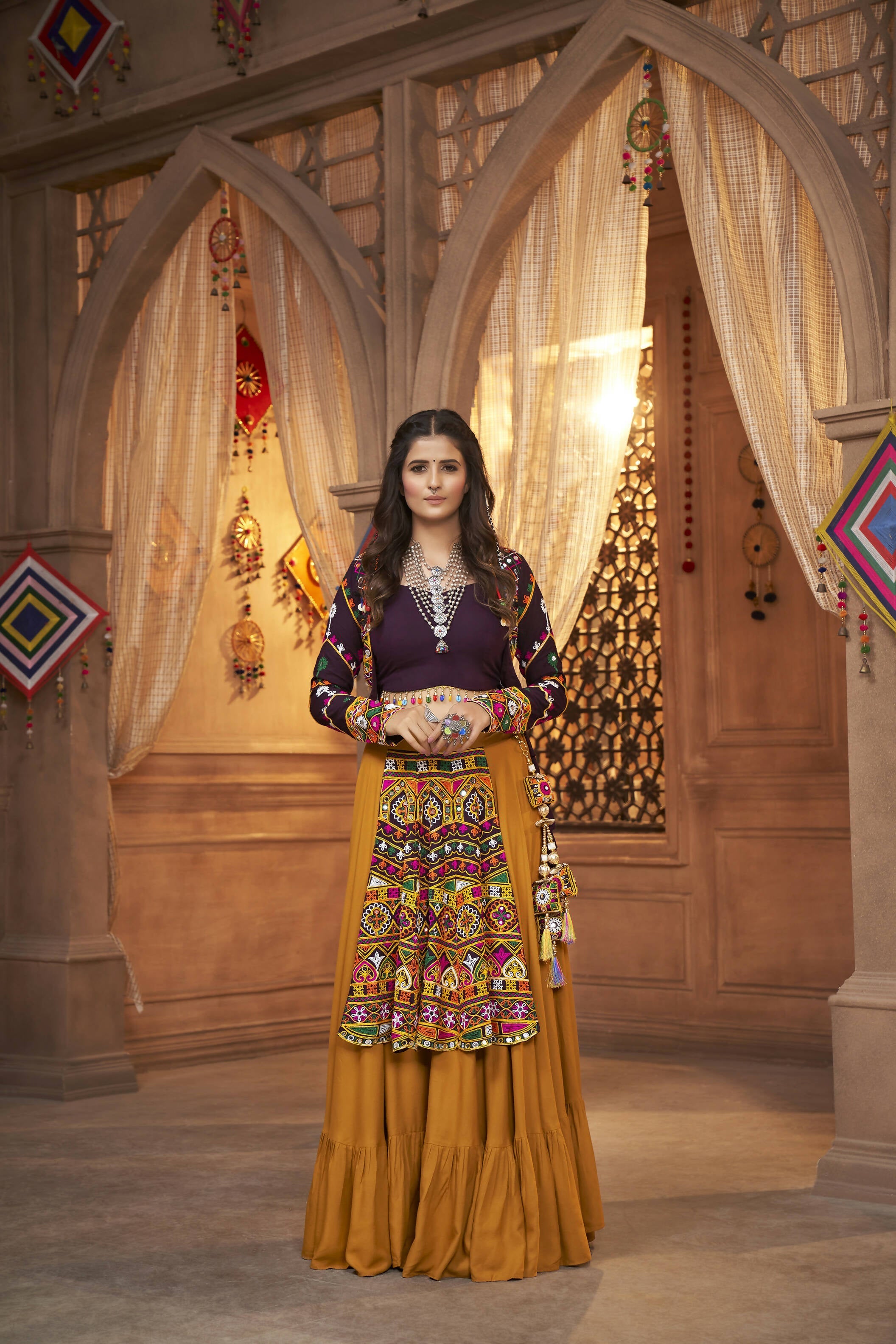 Mustared Yellow Viscose Rayon Thread Embroidered Work With Mirror All Over Navratri Lehenga Choli With Dupatta - Raas | Grocsy