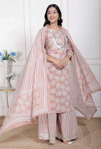 Miravan Women Brown Floral Printed Cotton Straight Ethnic Kurta with Palazzo and Dupatta | Grocsy
