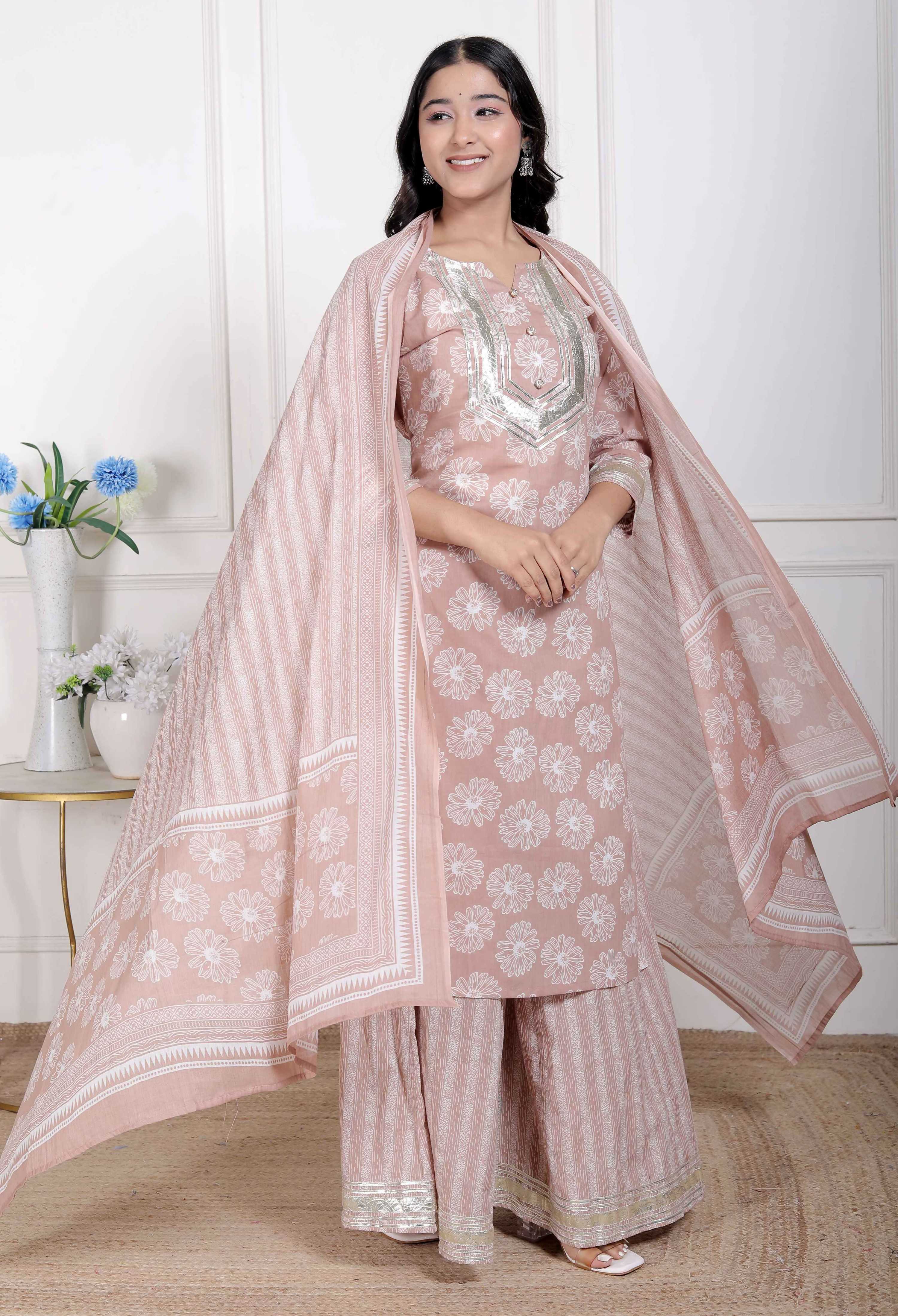 Miravan Women Brown Floral Printed Cotton Straight Ethnic Kurta with Palazzo and Dupatta | Grocsy