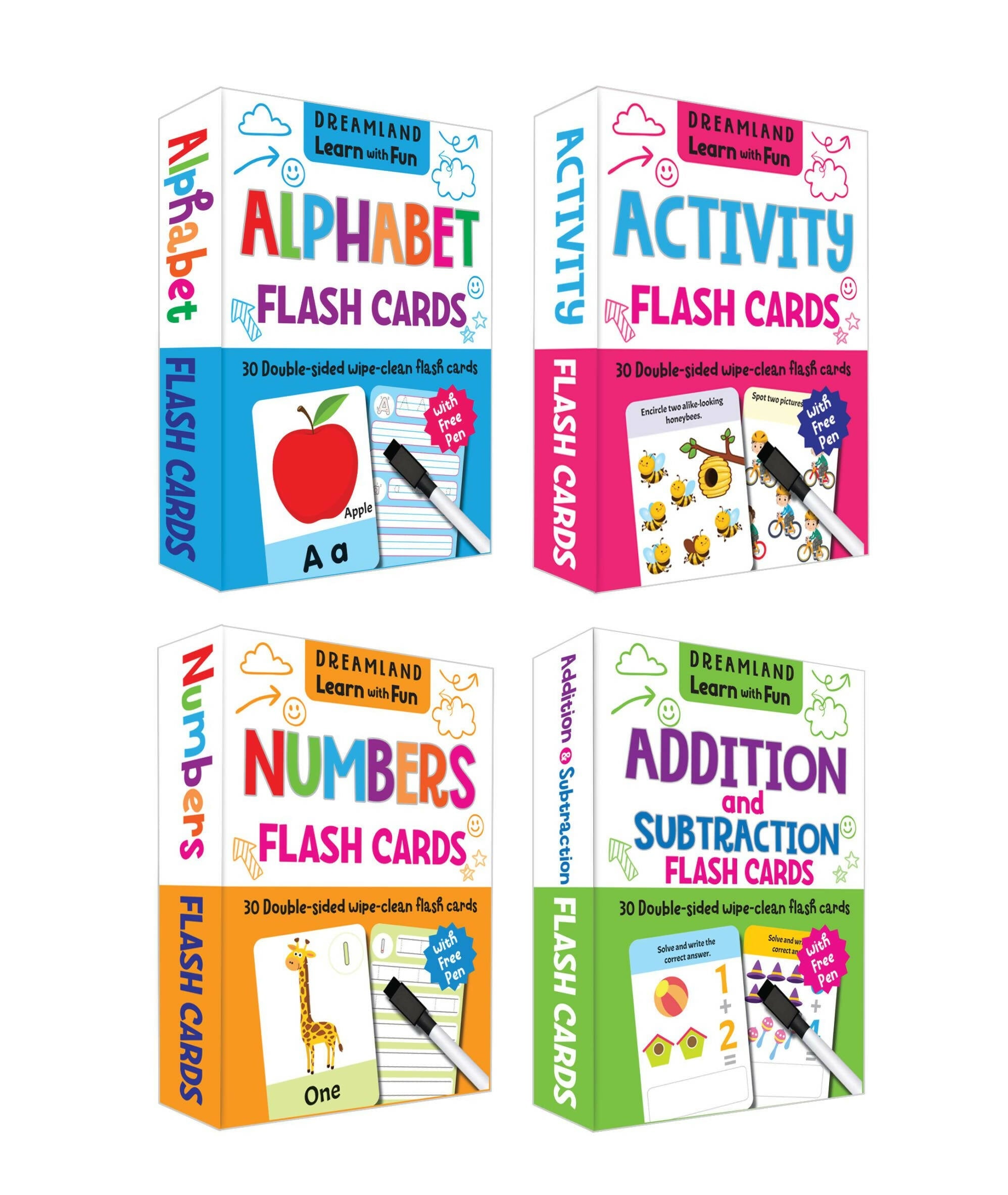 Dreamland Flash Cards Pack- Alphabet, Numbers, Addition and Subtraction, Activity, 120 Flash Cards with Free Pen | Grocsy