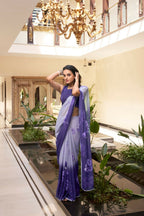 Vastranavya Purple Weightless Marble Printed & Trim Lace Border Saree with Unstitched Blouse | Grocsy