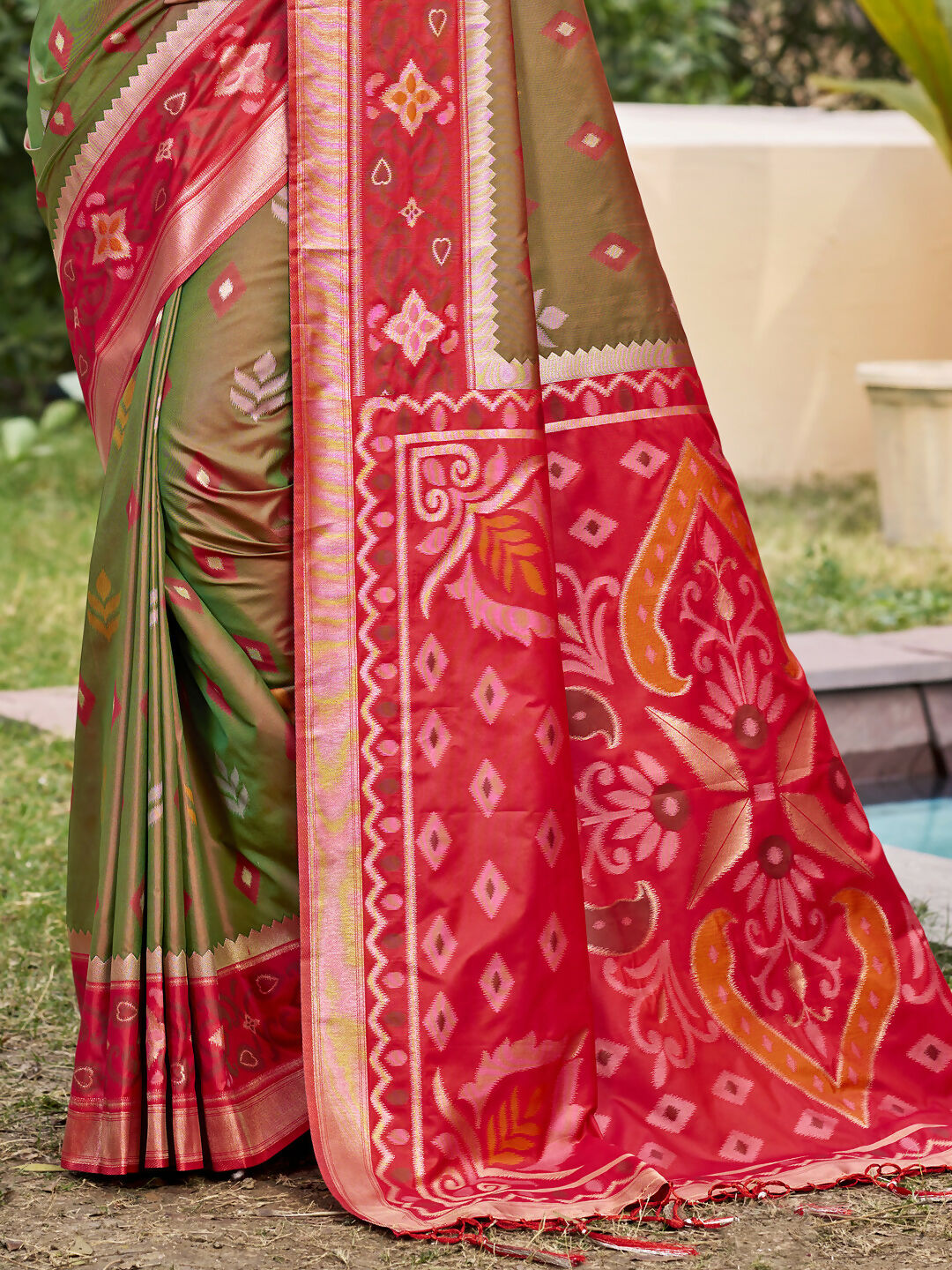 Shree Shyam Fashion Mehndi Pochampally Silk Saree | Grocsy