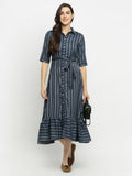 Rudra Bazaar Grey A-Line Striped Kurta | Grocsy