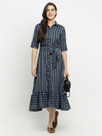 Rudra Bazaar Grey A-Line Striped Kurta | Grocsy