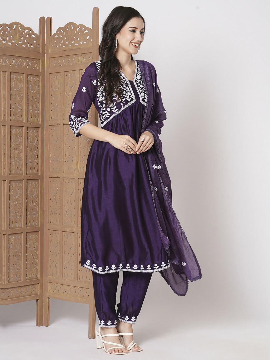 Purple Vichitra Silk Embroidery Work Kurta Set - Riya | Grocsy