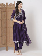 Purple Vichitra Silk Embroidery Work Kurta Set - Riya | Grocsy