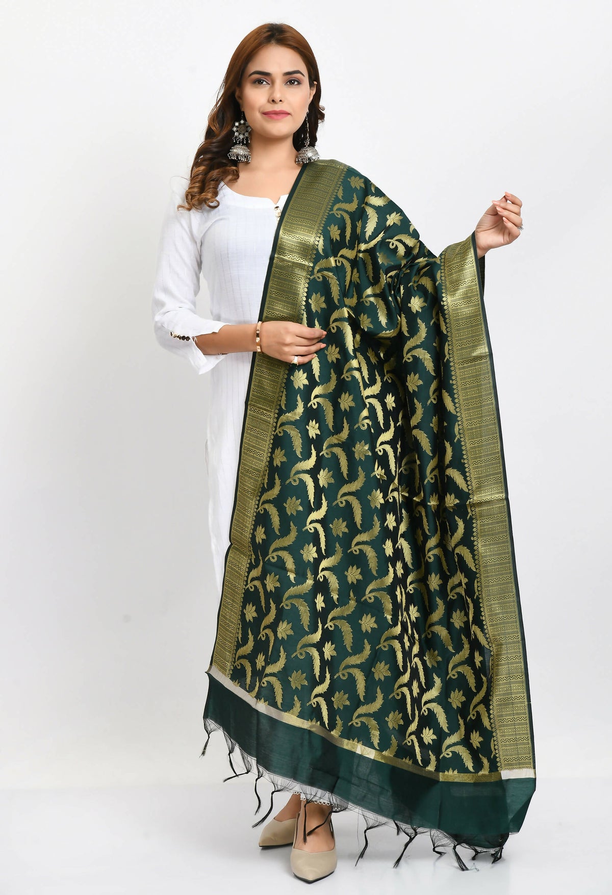 Mominos Fashion Moeza Women's Banarsi Silk Floral Woven Design Bottle Green Dupatta | Grocsy