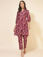 Janasya Women's Purple Cotton Floral Printed Casual Straight Kurta Set | Grocsy