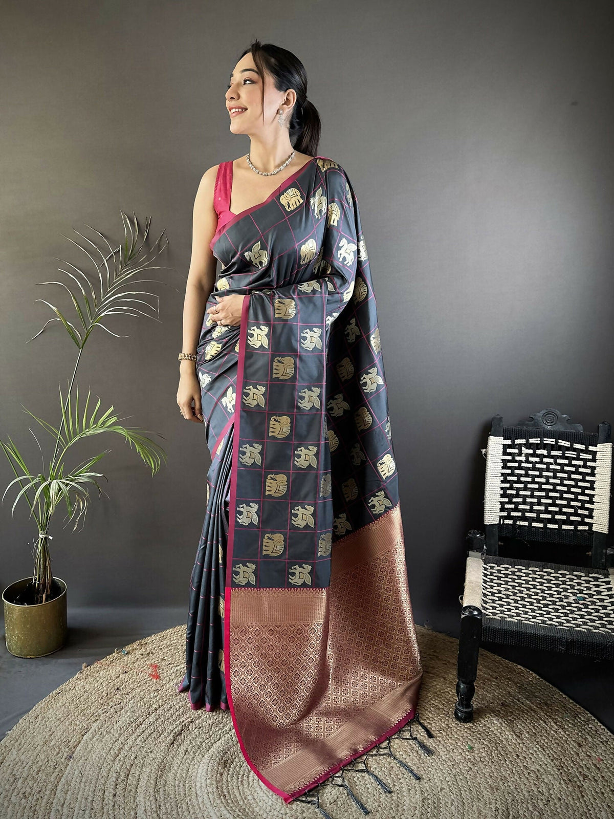 Joban Fashion Grey Elephant Motif Soft Silk Banarasi silk Saree | Grocsy