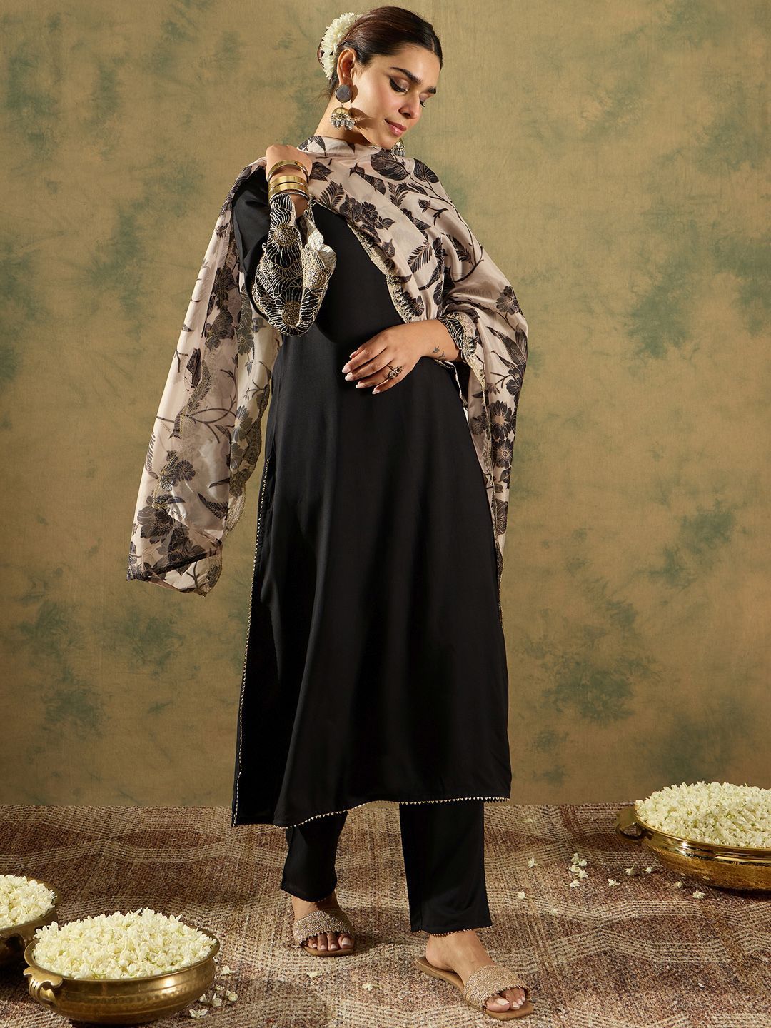 Indo Era Round Neck Straight Kurta With Trousers & Dupatta | Grocsy