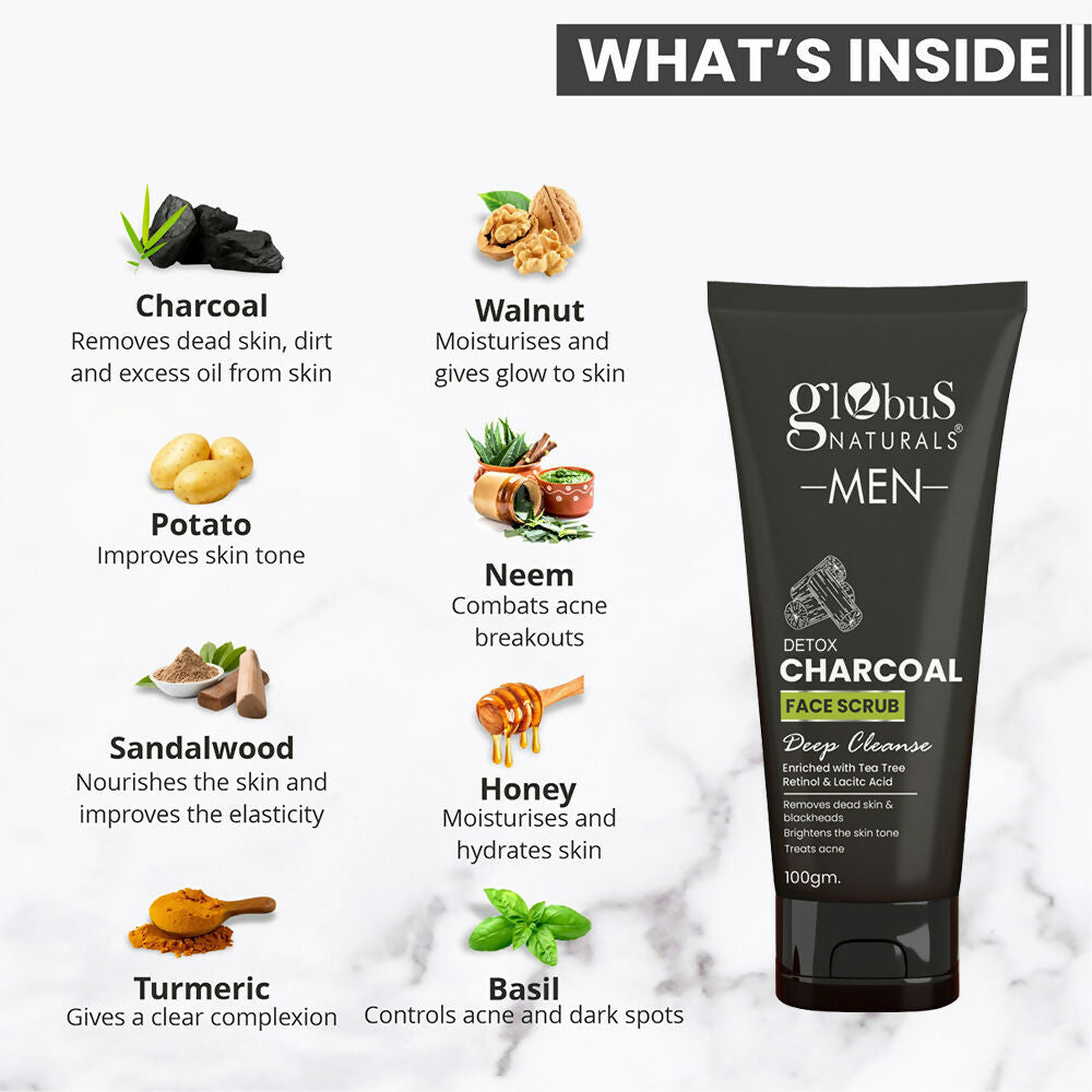 Globus Naturals Anti Pollution & Anti Acne Detox Charcoal Face Scrub for Men | Grocsy