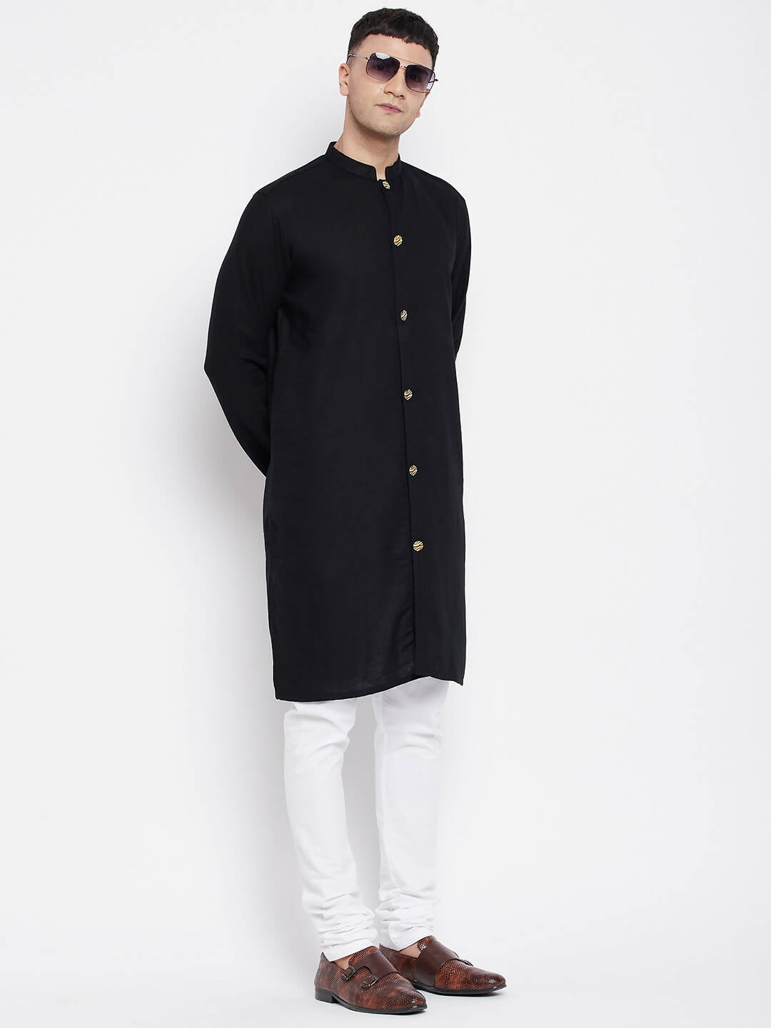 Even Apparels Black Pure Cotton Men's Sherwani Kurta With Open Front | Grocsy