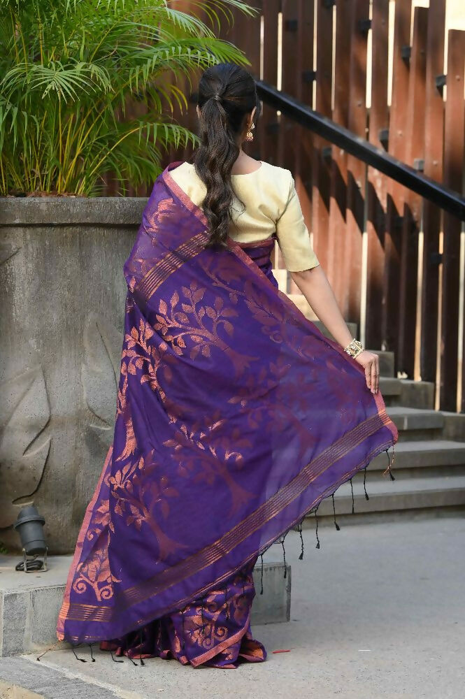 Beatitude Purple Cotton Floral Jamdani Saree | Grocsy