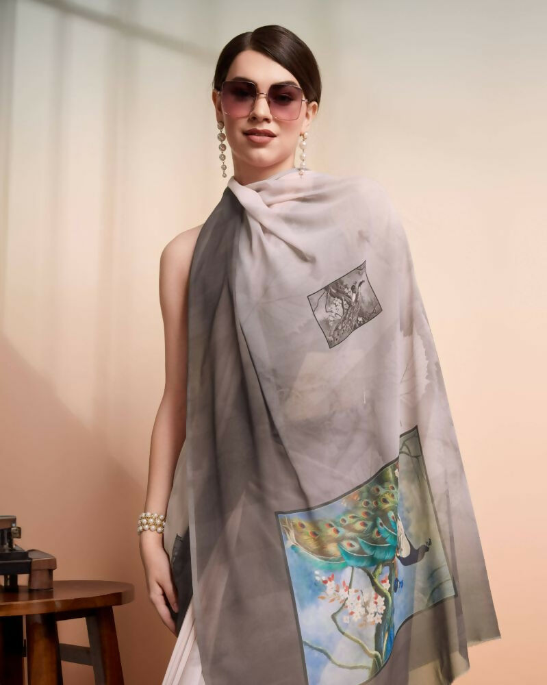 Grey Georgette Designer Printed Party Wear Saree - Cinderella | Grocsy