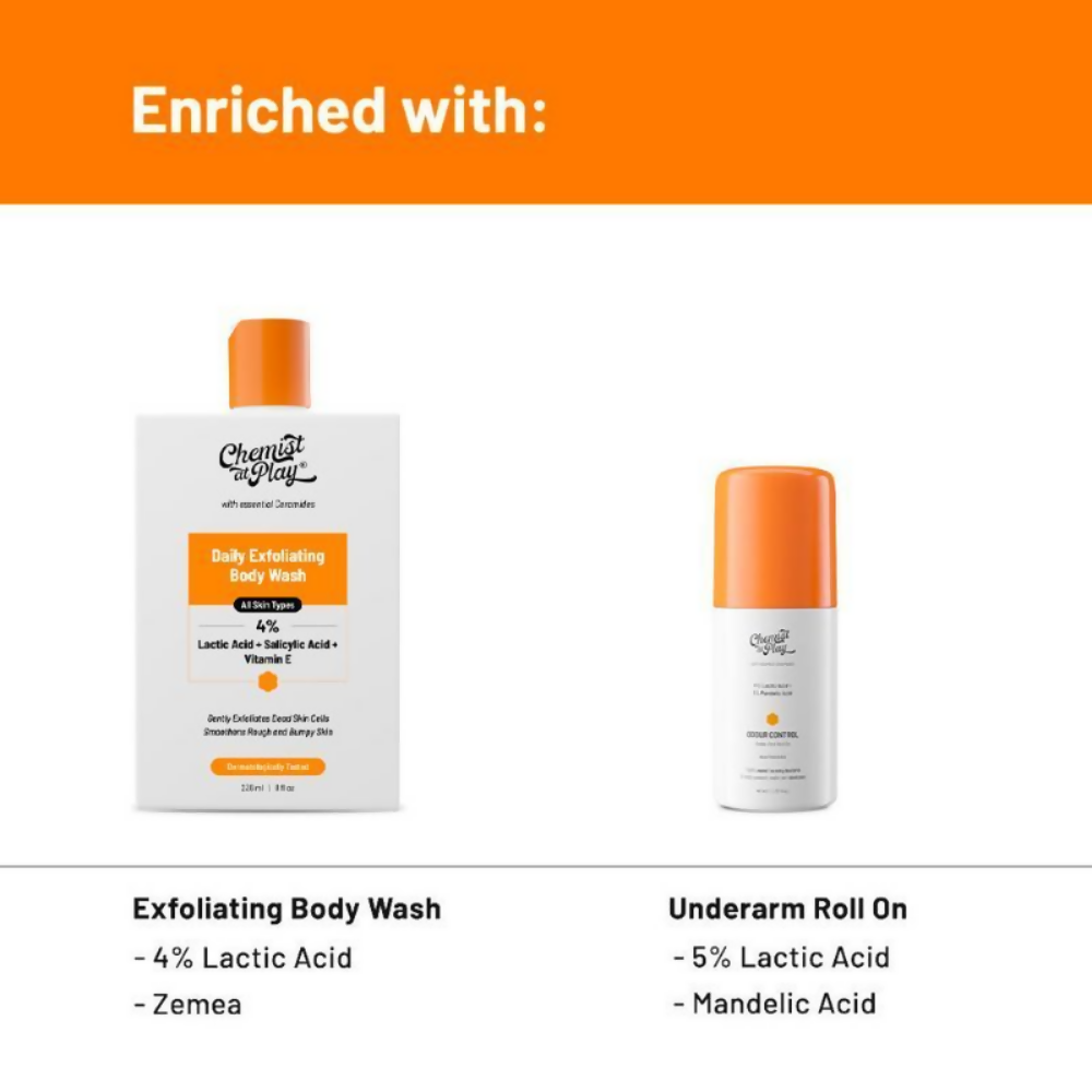 Chemist At Play Lactic Acid Exfoliating Body Wash & AHA Underarm Roll-On Combo | Grocsy