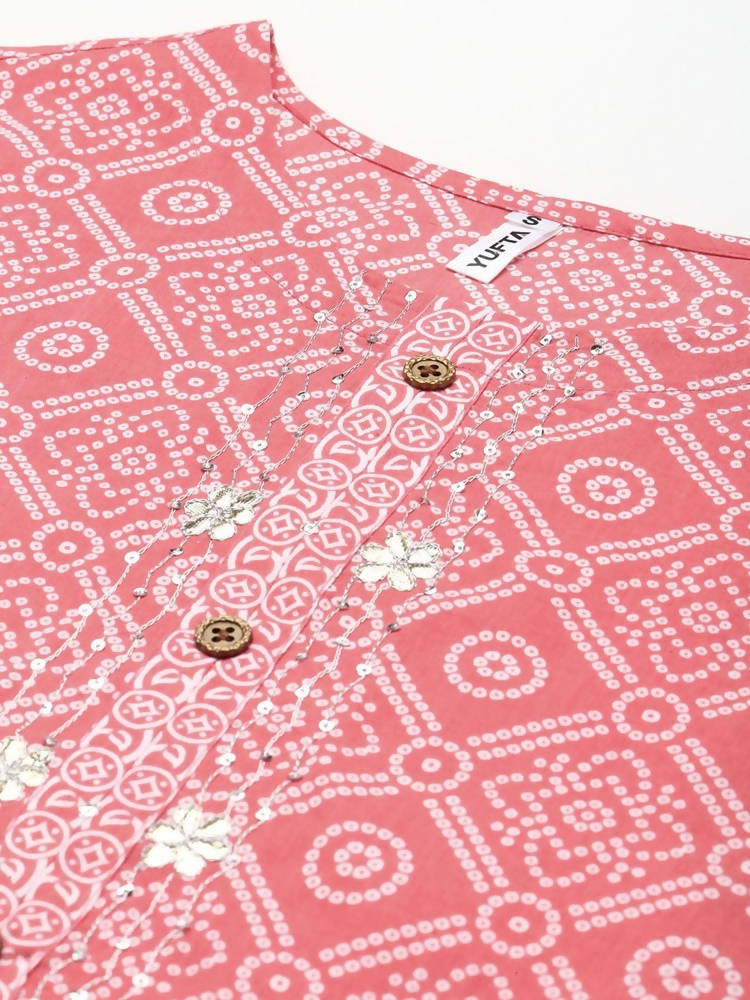 Yufta Women Pink Printed Regular Pure Cotton Kurta with Palazzo and Dupatta | Grocsy