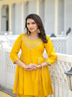 Juniper Women's Mustard Solid Viscose Kurta & Pant Set With Zari & Mirror Work | Grocsy