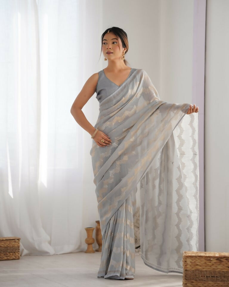 Grey Georgette Sequance Embroidery Work Border Saree - Sitare | Grocsy