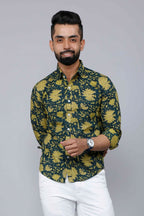 Miravan Men's Cotton Printed Full Sleeve Slim Fit Spread Neck Green Shirt | Grocsy