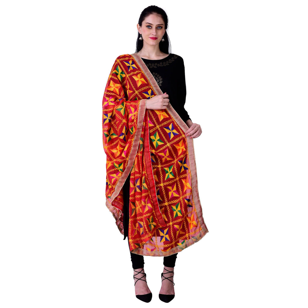SWI Stylish Women's Embroidered Phulkari Chiffon Red Dupatta | Grocsy