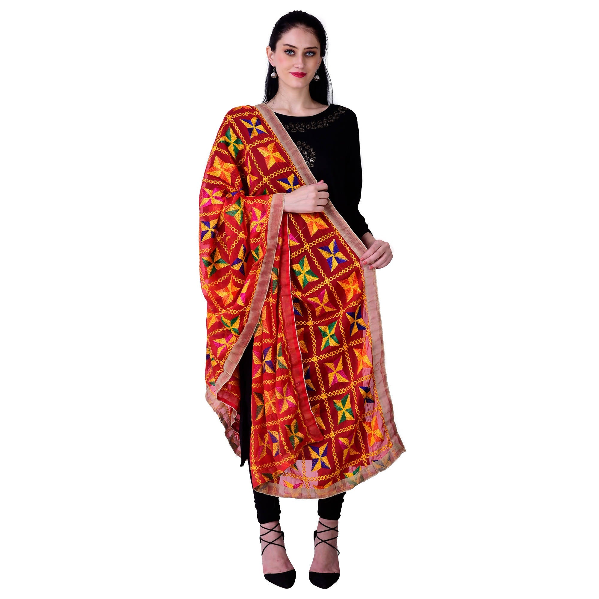 SWI Stylish Women's Embroidered Phulkari Chiffon Red Dupatta | Grocsy