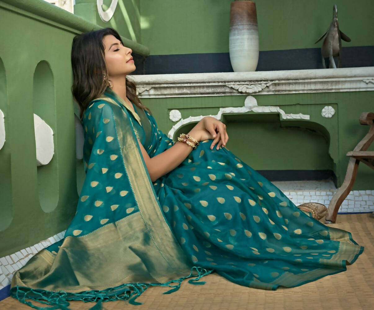 Delightful Designer Turquoise Color Organza Silk Saree With Weaving Work - Yomika Fashions | Grocsy