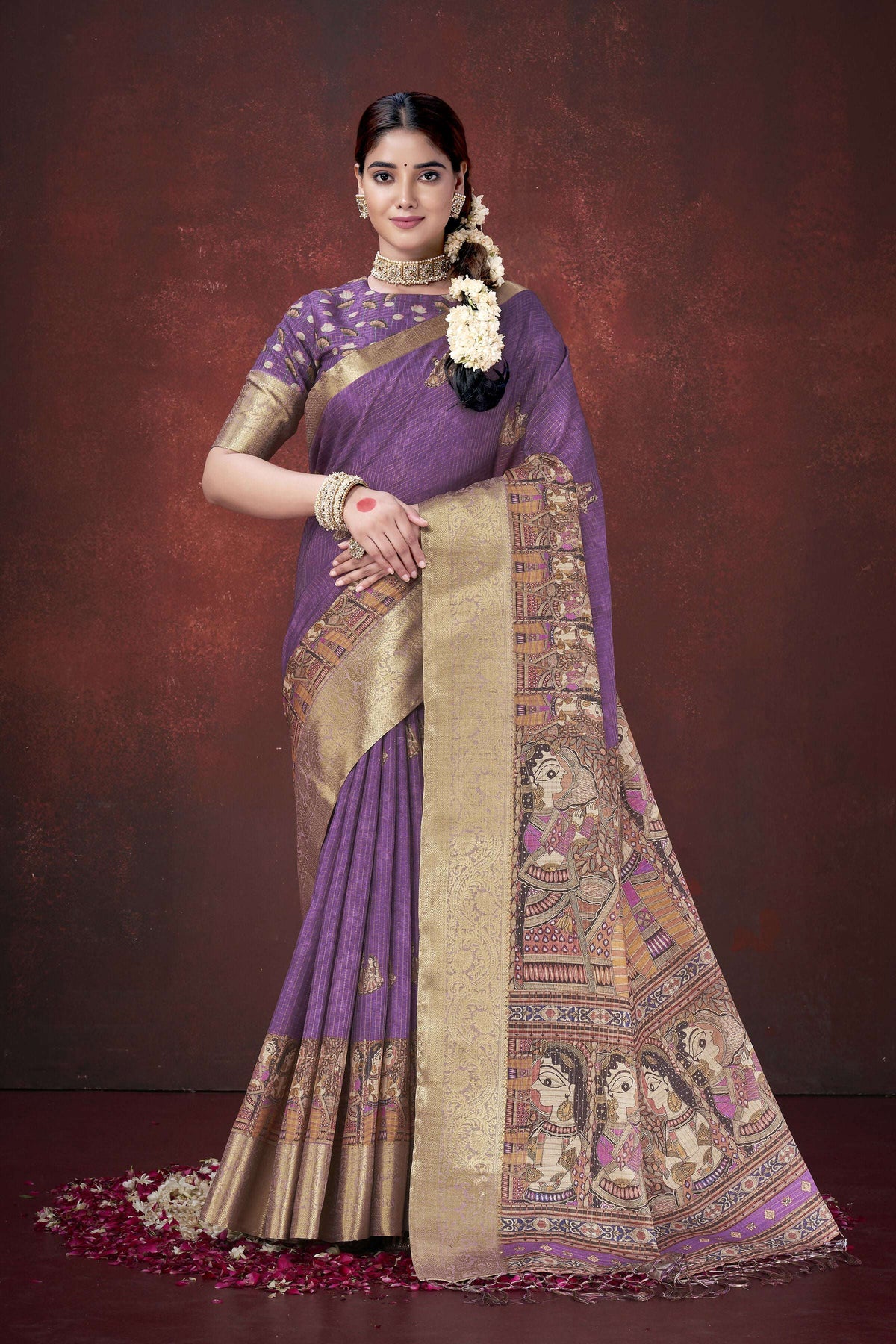Purple Poly Habotai Silk Foil Print Saree with Unstitched Blouse - Kathari | Grocsy