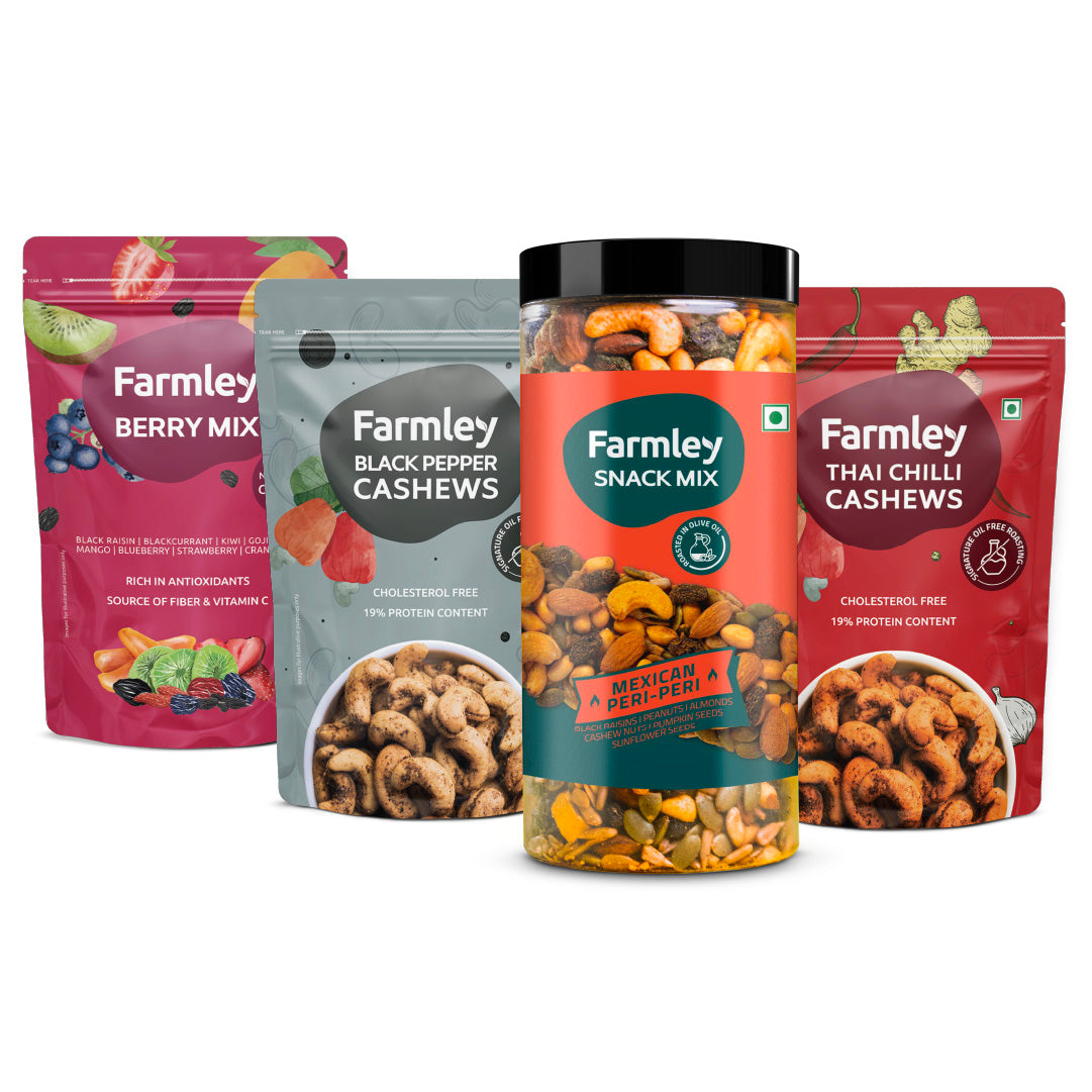 Farmley Combo - Peri - Peri Party Mix(405 g) + Thai Chilli Cashews(200 g) + Black Pepper Cashews(200 g) + Berry Mix(200 g) | Grocsy