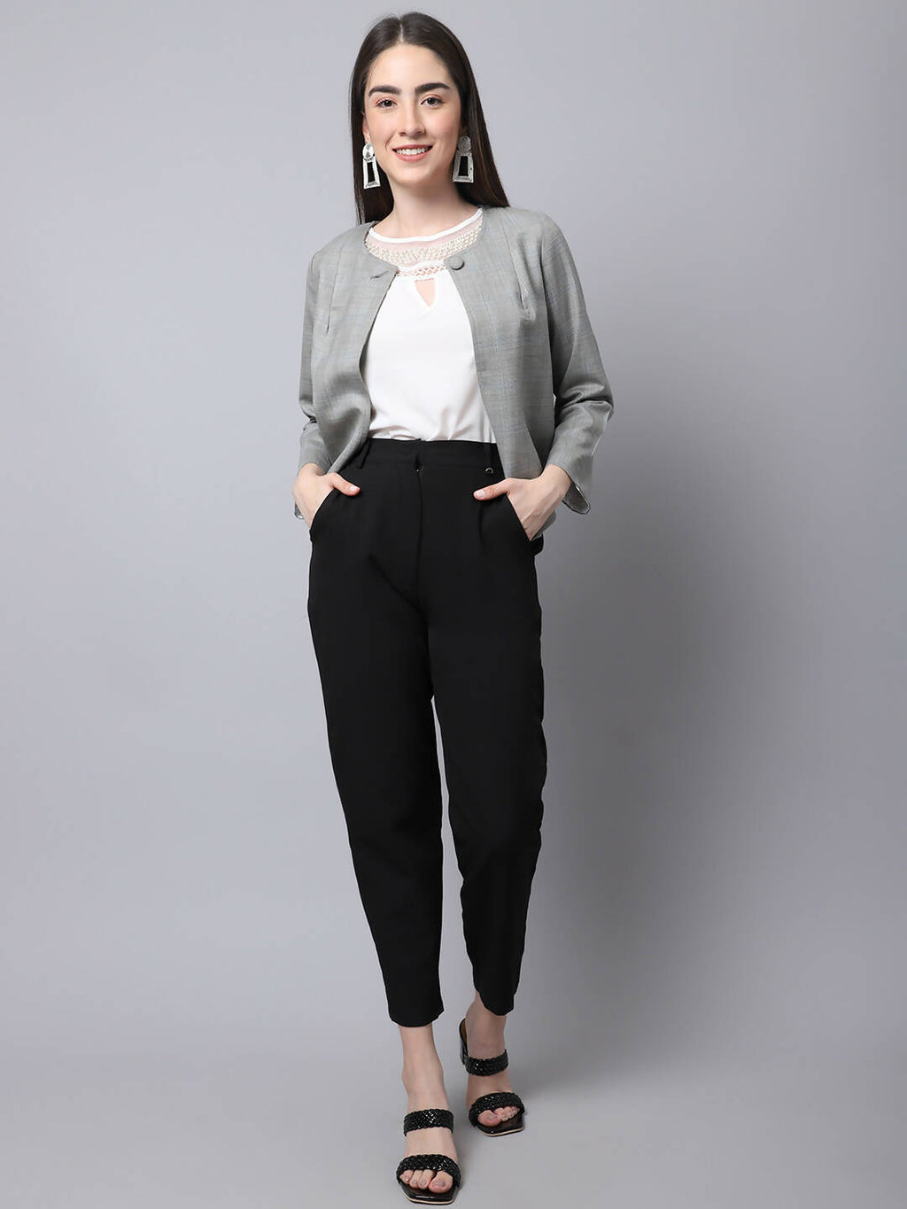 Even Apparels Grey Polywool Open Front Statement Women's Jacket (BF662) | Grocsy