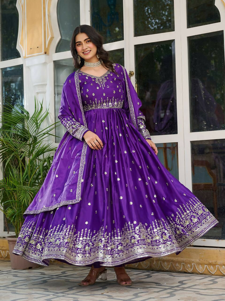 The52 Women's Beautiful American Silk Fabric Embroidery Work Flared Anarkali Pant and Dupatta Set | Grocsy