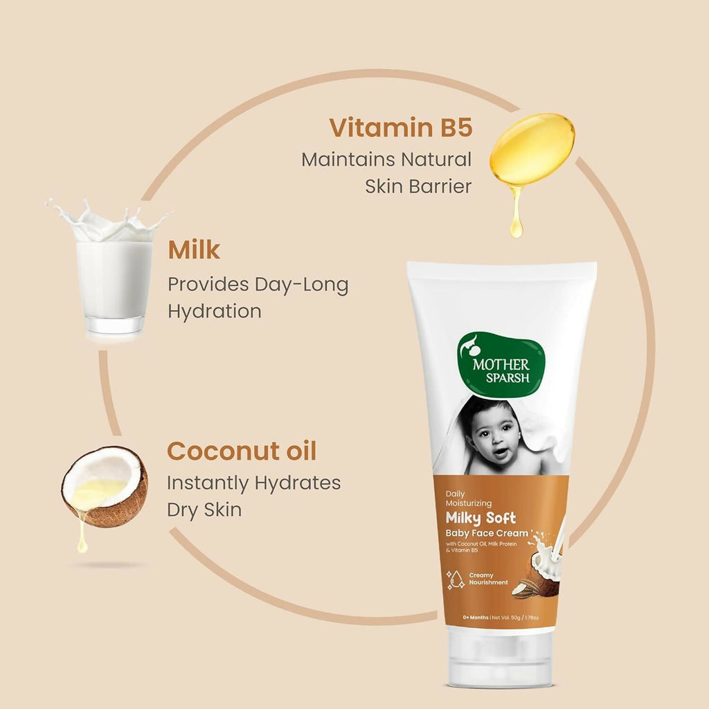 Mother Sparsh Milky Soft Baby Face Cream With Coconut Oil, Milk Protein & Vitamin B5, Non Sticky Baby Cream Prevents Dryness | Grocsy