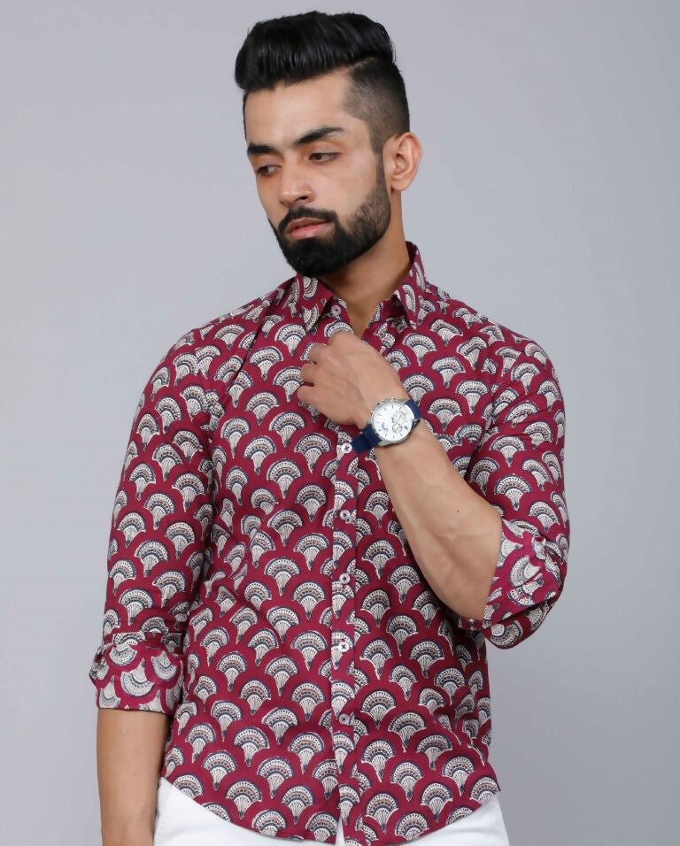 Miravan Men's Cotton Maroon Floral Printed Slim Fit Shirt | Grocsy
