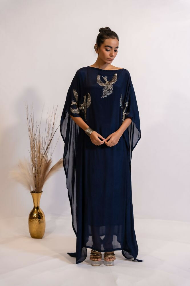 Timaraa Regal Navy Blue Embellished Kaftan Dress | Grocsy
