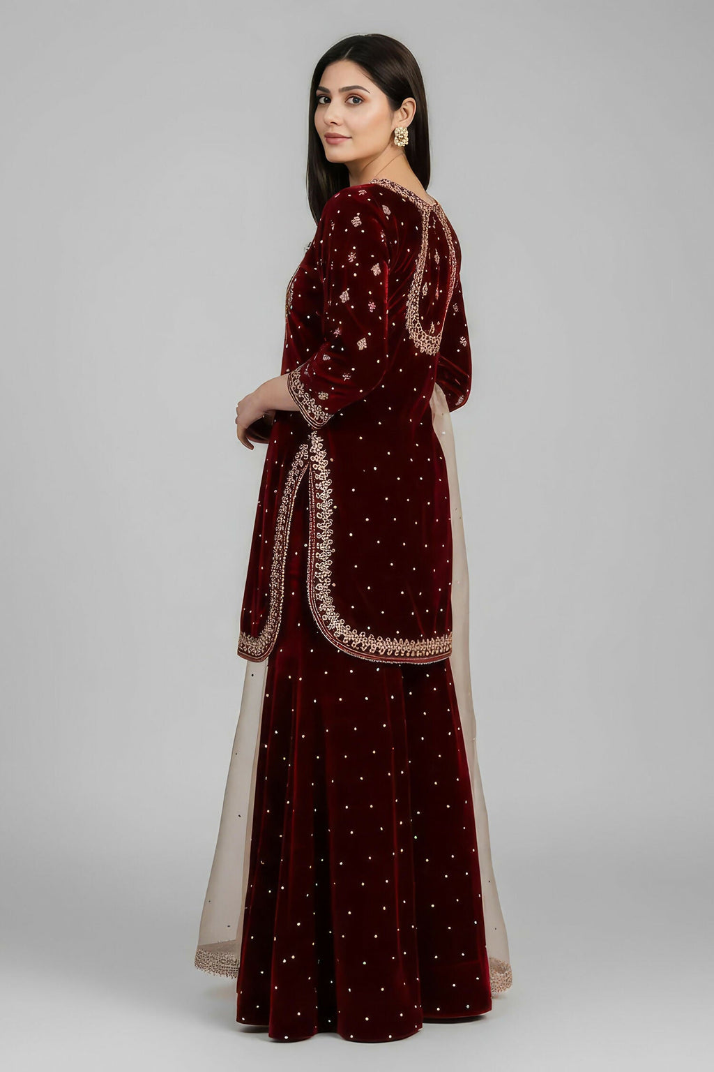 Joban Fashion Deep Maroon Velvet Embroidery Kurta Set | Grocsy