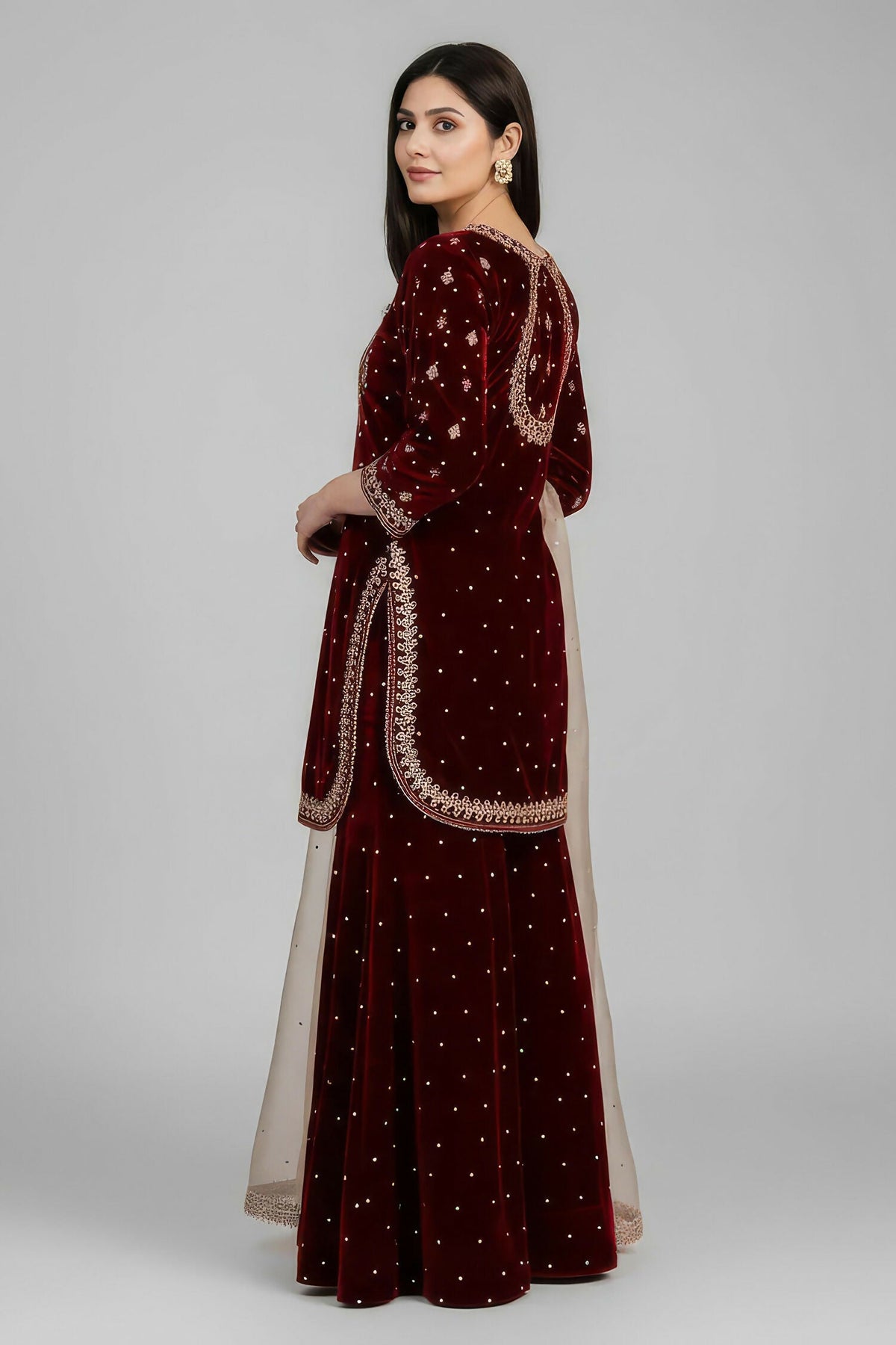 Joban Fashion Deep Maroon Velvet Embroidery Kurta Set | Grocsy