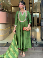 The52 Light Green Women's Gorgeous Embroidered Work Chanderi Fabric Flared Kurta Pant and Dupatta Set | Grocsy