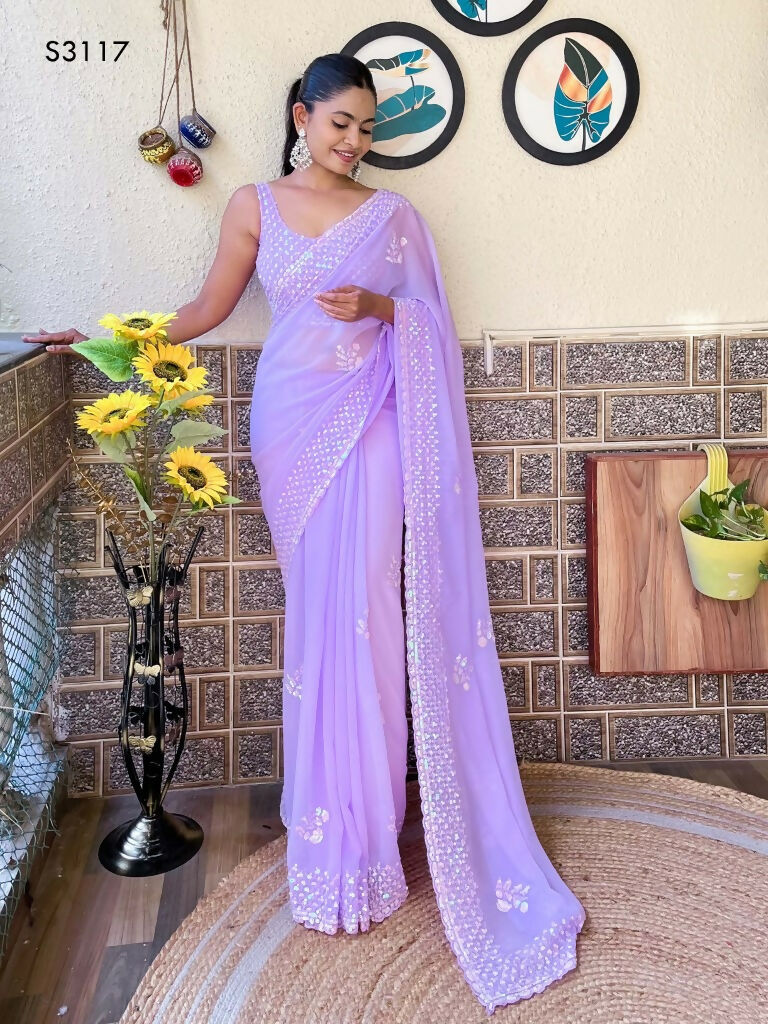 Lavender Georgette Sequence Embroidery Cut Work Saree - Saadia | Grocsy