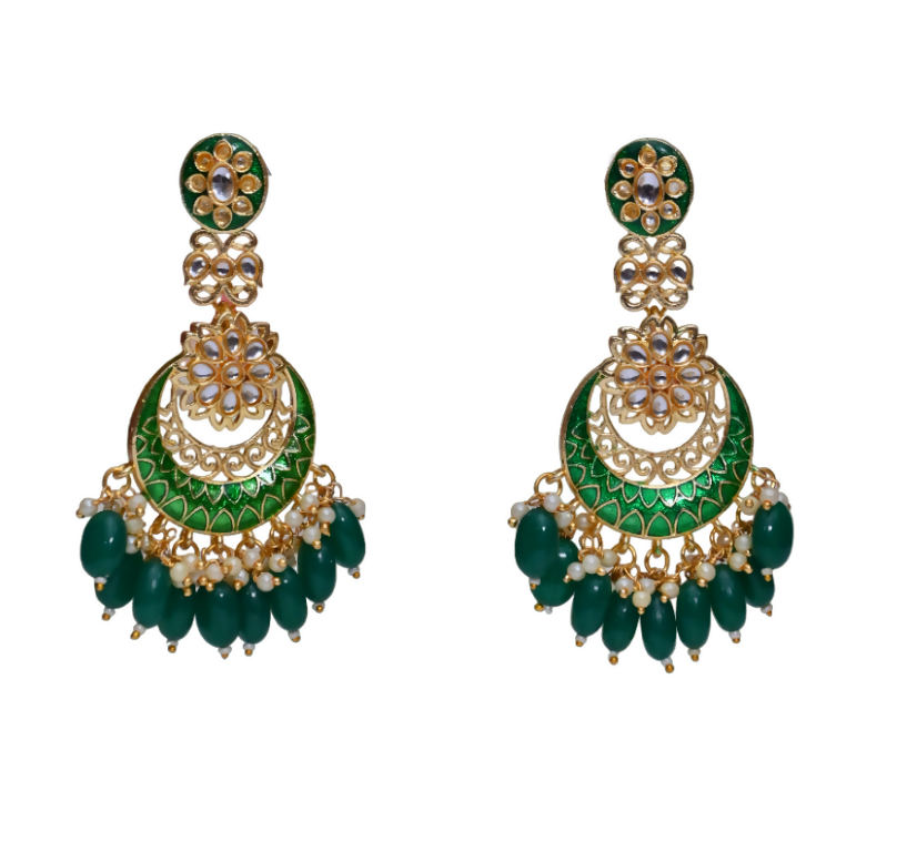 Green Gold-Polished Beautifully Enamelled Stylish Kundan & Pearl Dangle Women Earrings|Meenakari Chandbali Traditional Ethnic Wear Earrings By House of Ree - Swadesiicart