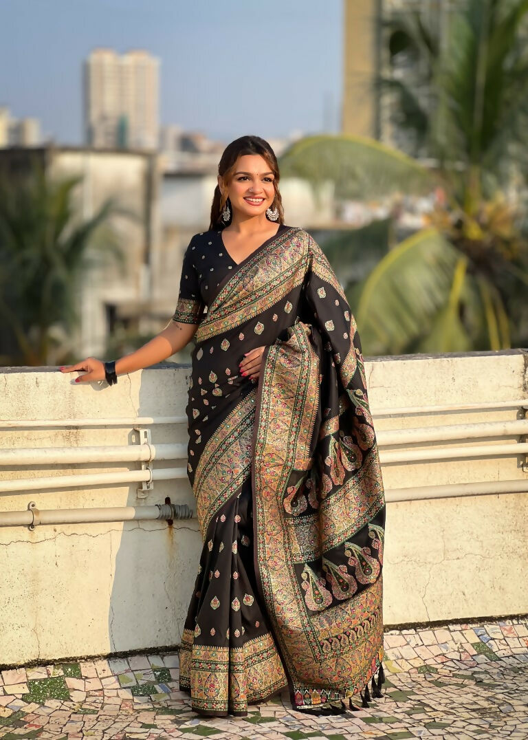 Black Pashmina Silk Wevon Kashmiri Meenakari Designer Saree with Unstitched Blouse - Vandini | Grocsy