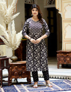 Miravan Women's Embroidered Kurta In Sweet-Heart Neck With Black Straight Palazzo | Grocsy