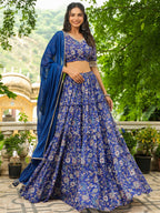 Janasya Blue Georgette Floral Lehenga Choli Dupatta | Grocsy