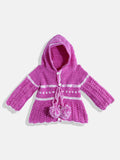 Chutput Kids Woollen Hand Knitted Full Sleeves Self Design Hood Detail Dress For Baby Girls - Purple | Grocsy