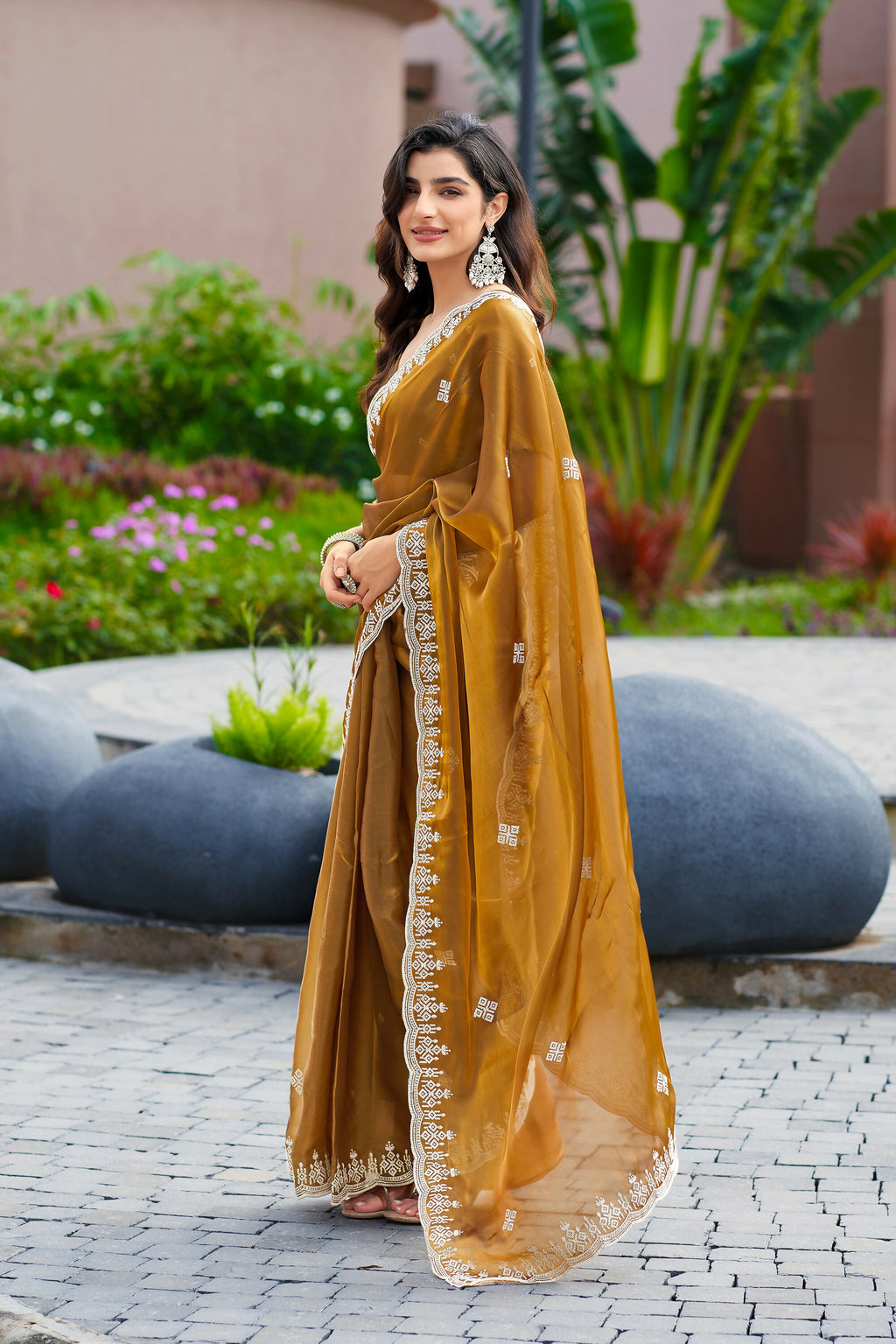 Vastranavya Brown Embroidery Work Shimmer Chiffon Saree with Unstitched Blouse | Grocsy