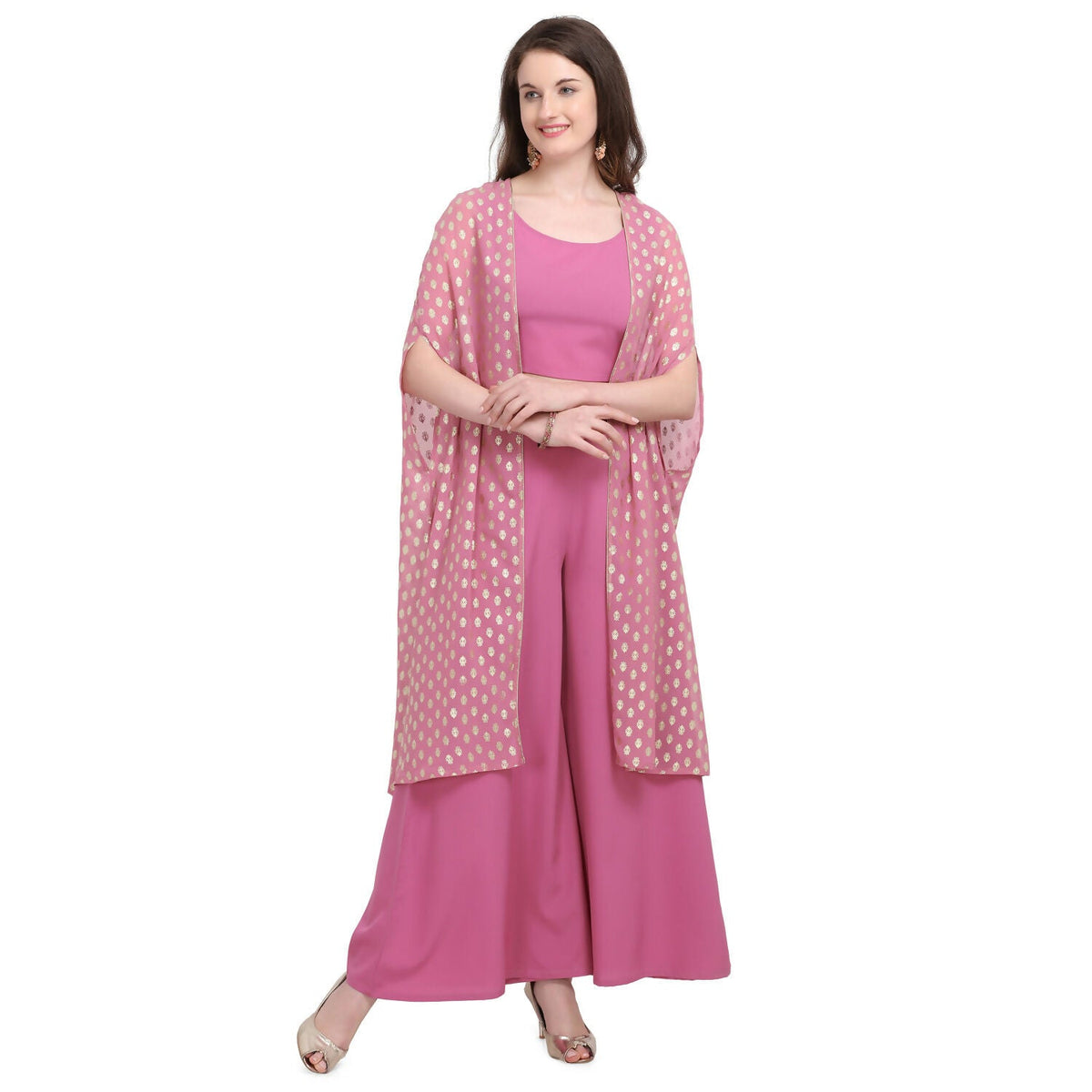 Vamika Crepe Rubber Print Pink Party Wear/Casual Wear/Office Wear Top Plazzo With Shrug | Grocsy