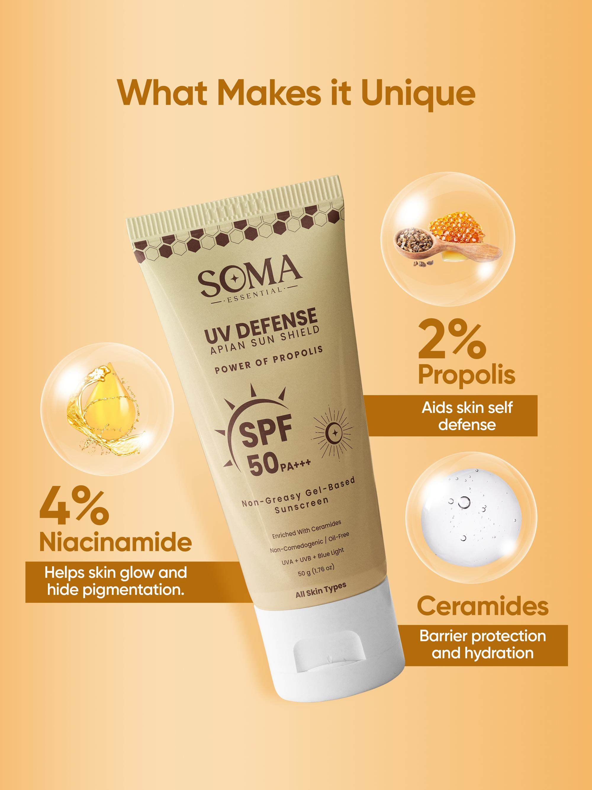Soma Essential Propolis Based Apian Sunshield, 4% Niacinamide & Ceramides | Grocsy