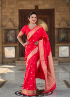 Vedant Vastram Soft Litchi Silk Banarasi Silk Jacquard Saree - Red | Grocsy