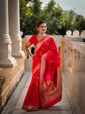 Vedant Vastram Soft Litchi Silk Banarasi Silk Jacquard Saree - Red | Grocsy